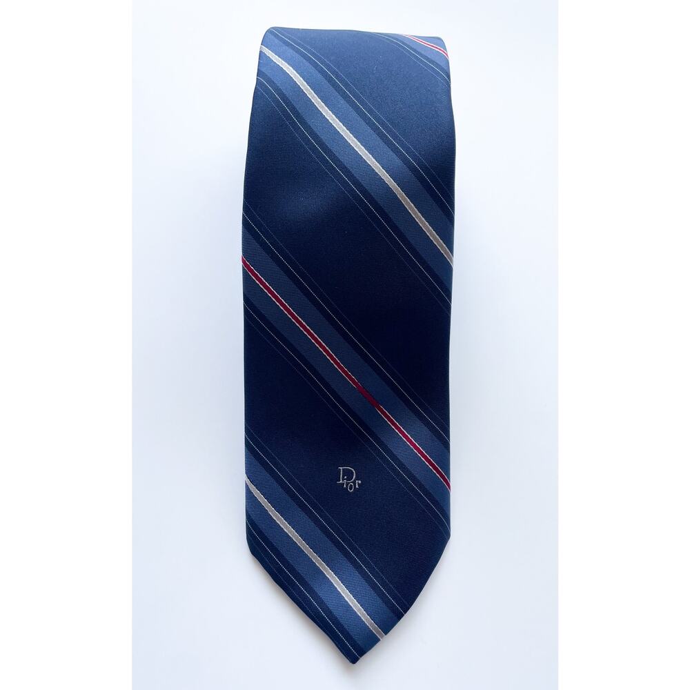 Vintage Christian Dior Neck Tie Men's Blue Red Silk Striped Preppy Casual